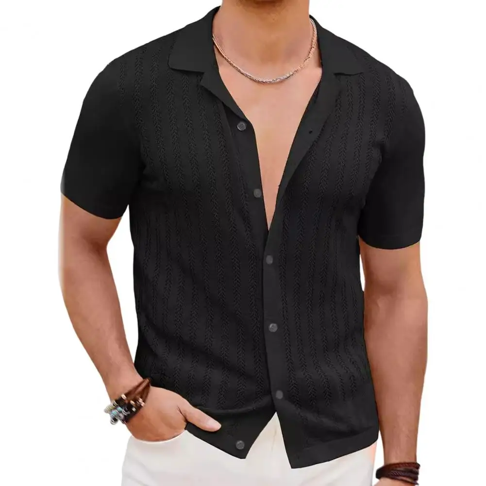 Men Cutout Top Regular Fit Men Shirt Men's Summer Lapel Cardigan Breathable Knitted Beach Top with Hollow Out for Vacation