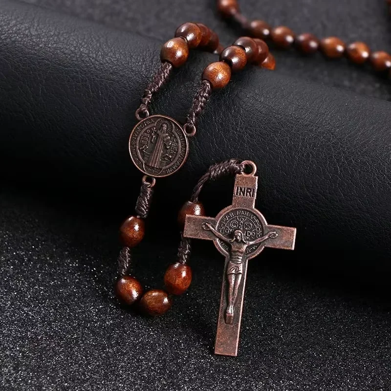 Nuevo Rosario de Cuentas de Madera de 8mm con Colgante de Cruz para Coche, Cadena de Cuerda Tejida, Joyería Religiosa Ortodoxa para Decoración de Automóviles, Regalo Cristiano