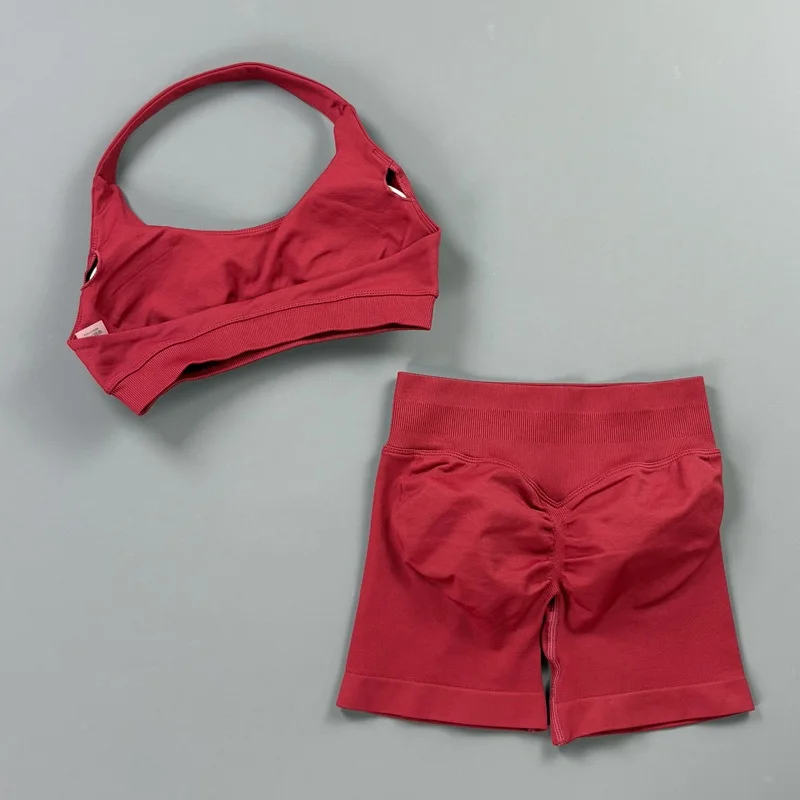 2Pcs Sports Bra Biker Shorts Set Women Scrunch Butt Shorts Wireless High Support Halter Neck Sports Bra Gym Workout Fitness Set