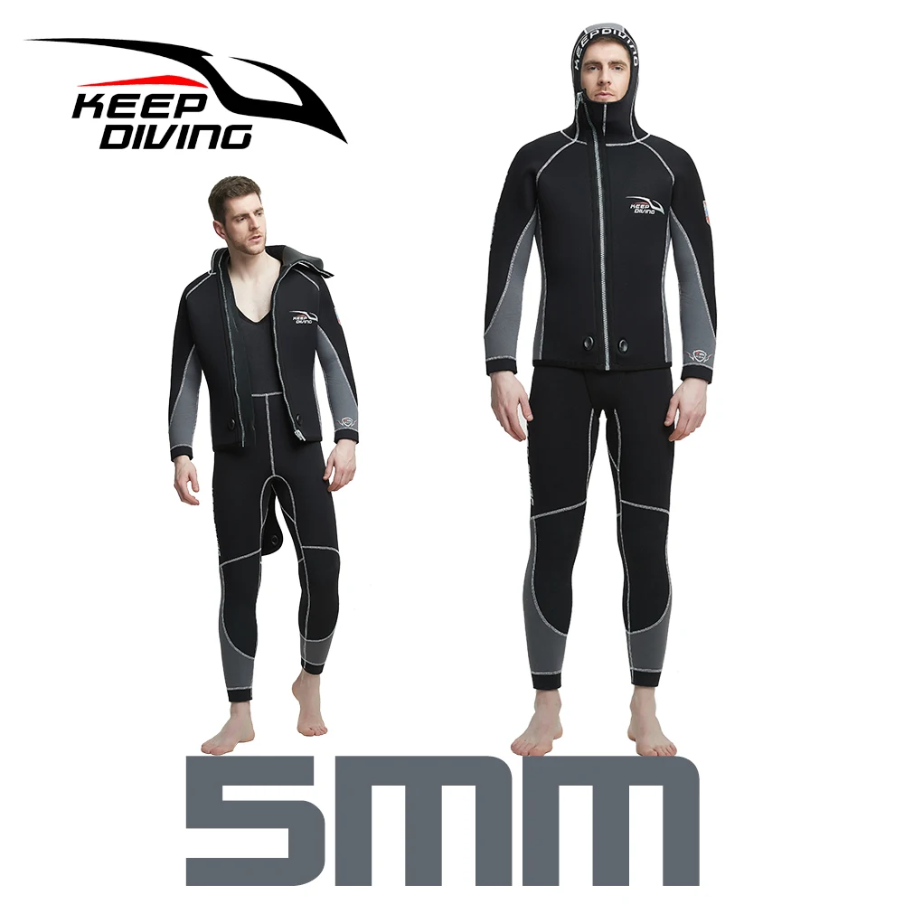 Neoprene Scuba Diving Wetsuit with Hood Zipper for Men Double Warm Professional Wet Suit Spearfishing Equipment 5mm Split Body