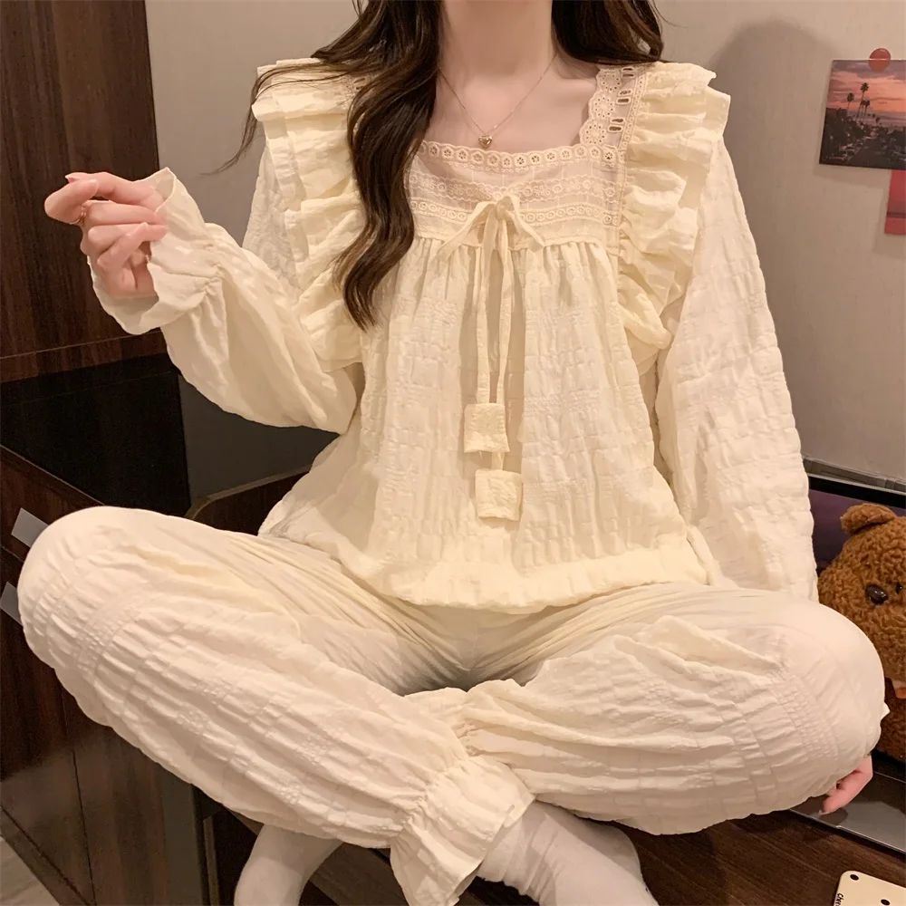 Princess Style Long Sleeve Square Collar Sleepwear Set Women's Home Clothes Floral Lace Trim Light Beige Comfortable Cotton