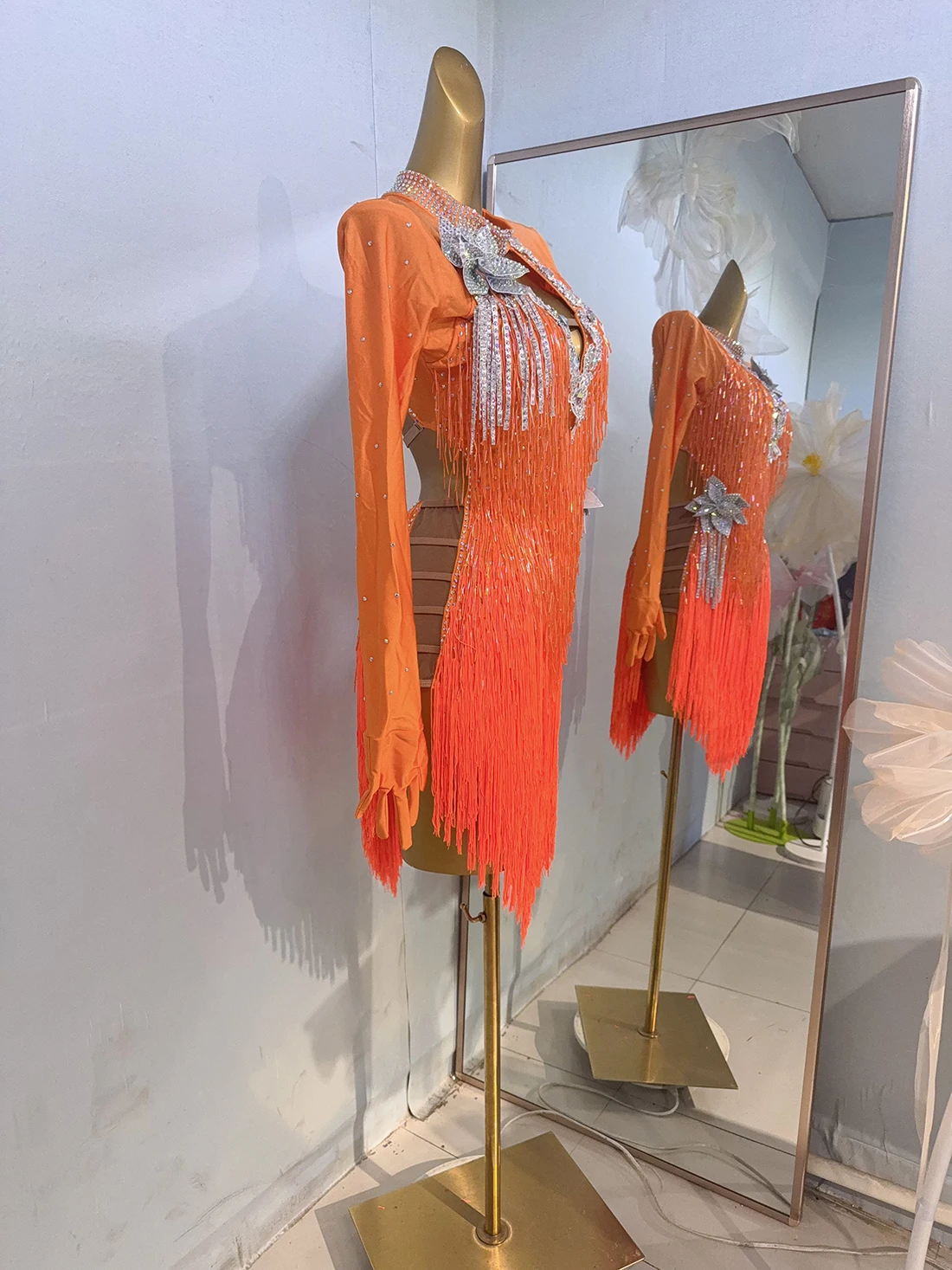 Latin dans strass jurk high-end aangepaste oranje kraal buis kwastje tango dames volwassen professionele kleding