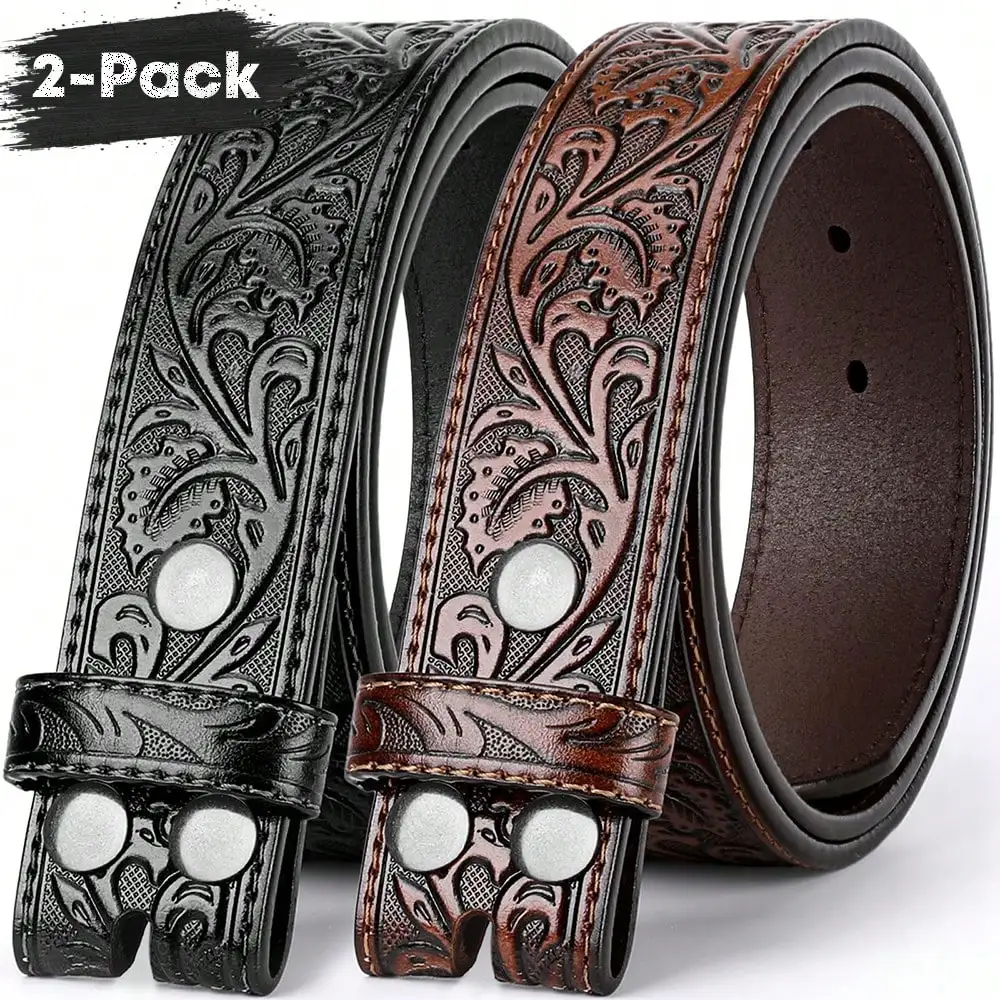 

2-PACK Belt Strap Couple Gift Genuine Split Leather Embossing Pattern Without Buckle For DIY / Fit 29"-51" Waist / PLUS SIZE
