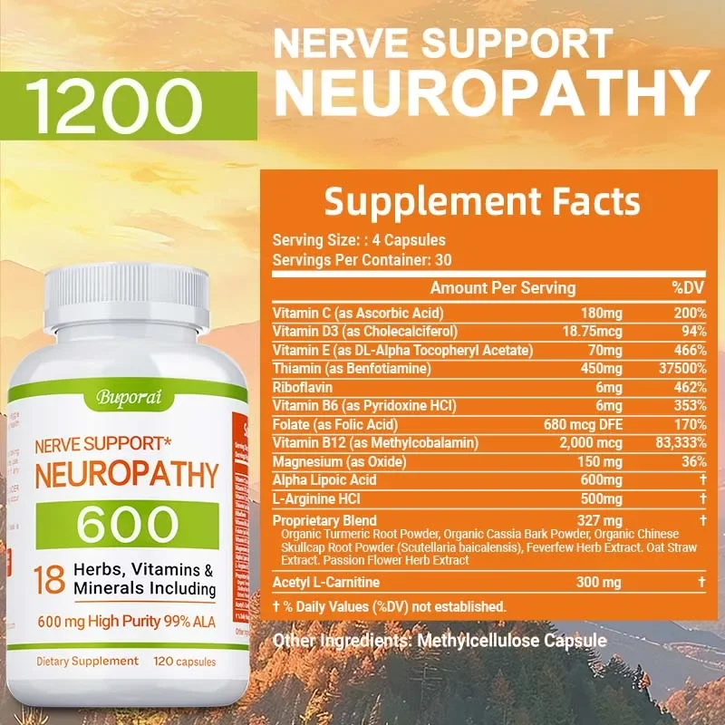 Neuropathy Support Supplement 600mg - Supports Cellular Energy,  Reduces Stress,Promotes Nerve and Brain Function Health,Non-GMO