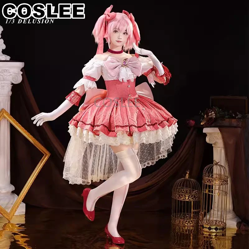 COSLEE Kaname Madoka Cosplay Costume Amine Puella Magi Madoka Magica Pink Lovely Lolita Dress Halloween Party Outfit Women NEW