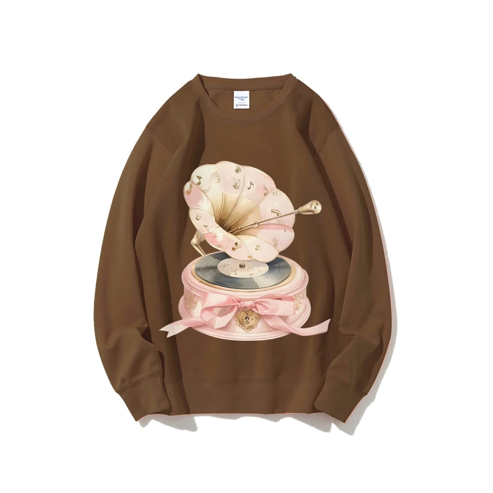 Grafisch sweatshirt roze grammofoonprint retro melodieus nostalgisch Y2K-stijl zachte stof voor muziekliefhebbende casual sweatshirt