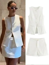 TRAFZA Women Summer Fashion Suits Solid Sleeveless Single Breasted Crew Neck Vest+Elegant High Waist Zipper Pocket Mini Shorts