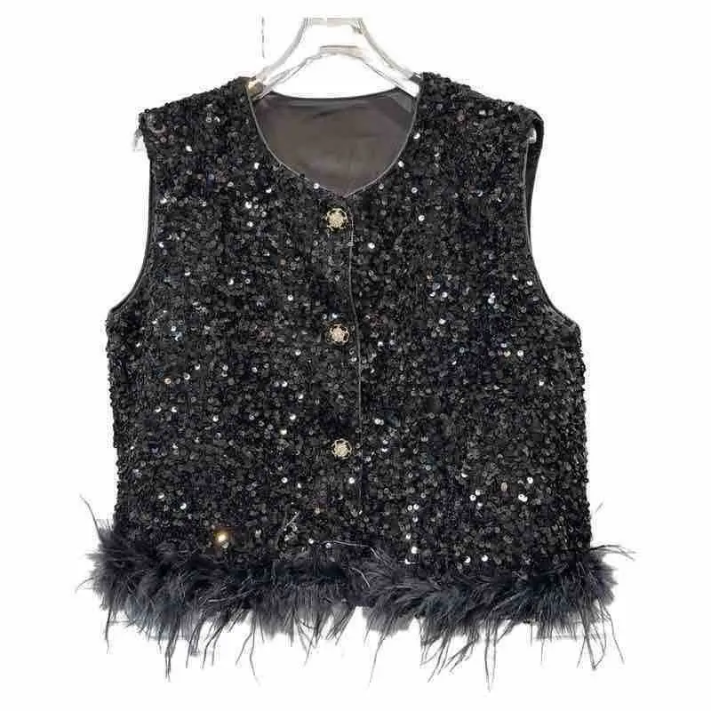 Korean Style Sequins Sleeveless Vest 2026 New Spring Autumn Women Patchwork Feathers Vest Female Sweet Bling All-match Vest