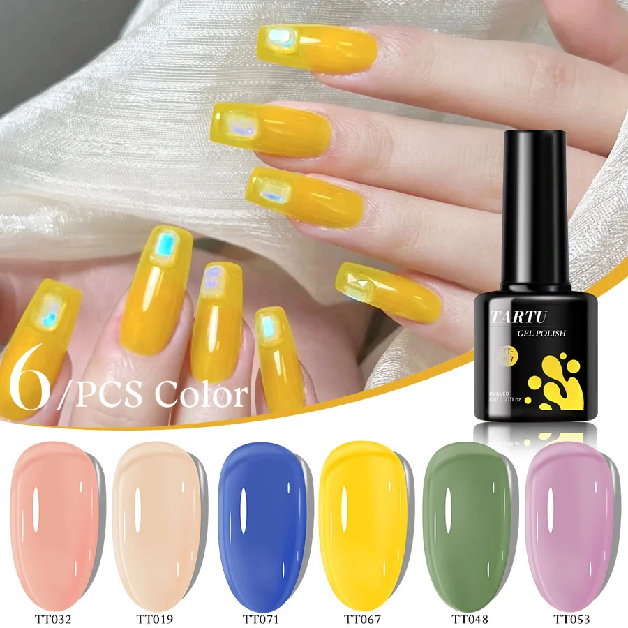 

6-color jelly glitter gel nail polish set includes khaki, purple, white, red, brown, blue, and black semi-permanent colors
