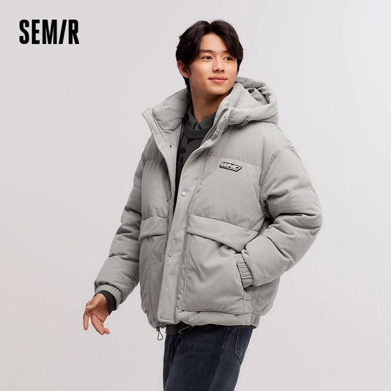 Semir Down Jacket Men Corduroy with Texture Sense 2024 New Winter College Style Loose Embroidered Short Jacket with Hood