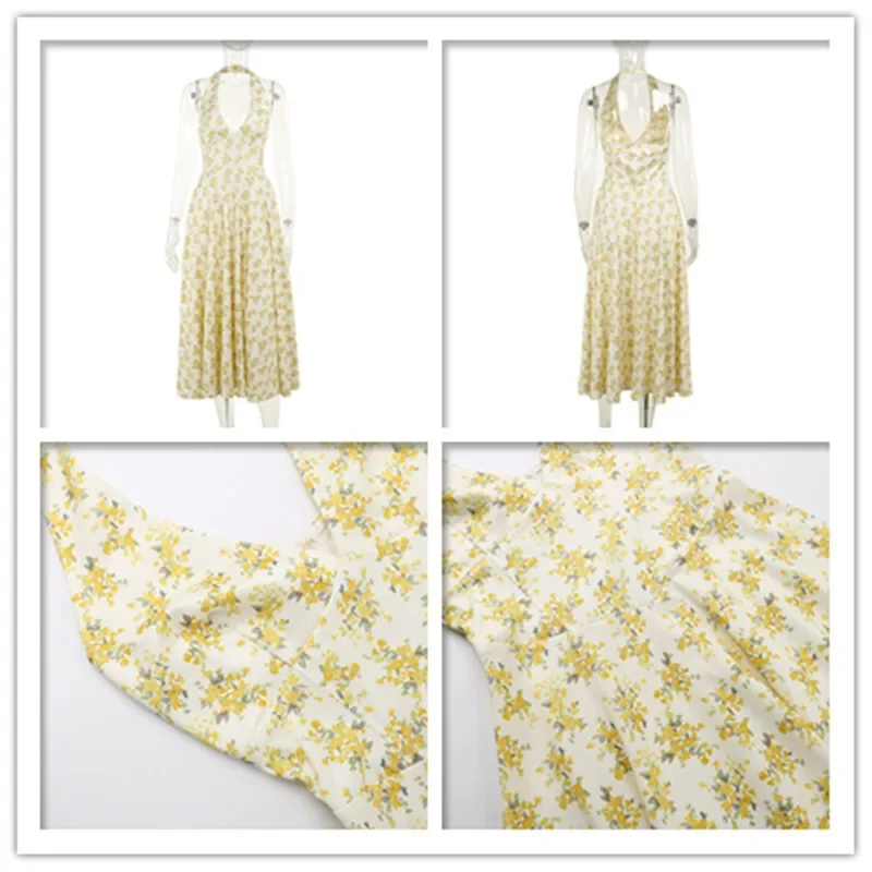 ลึก V Halter ดอกไม้พิมพ์เซ็กซี่ A-Line ชุดผู้หญิงชุดราตรียาวชุด Backless Bodycon ฤดูร้อนชุด Vestidos