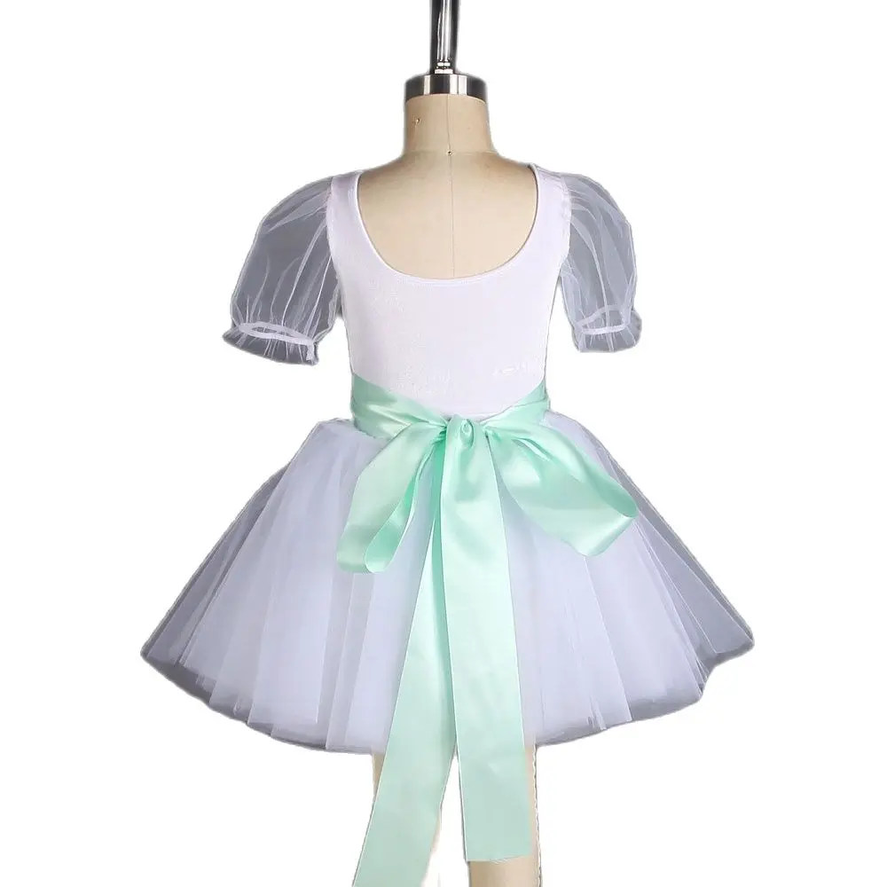 20526 Puff Sleeves White Ballet Dance Tutu Leotard Bow Dress with Pink/Green Ribbon Trim in the Wasit Girls Dance Costumes