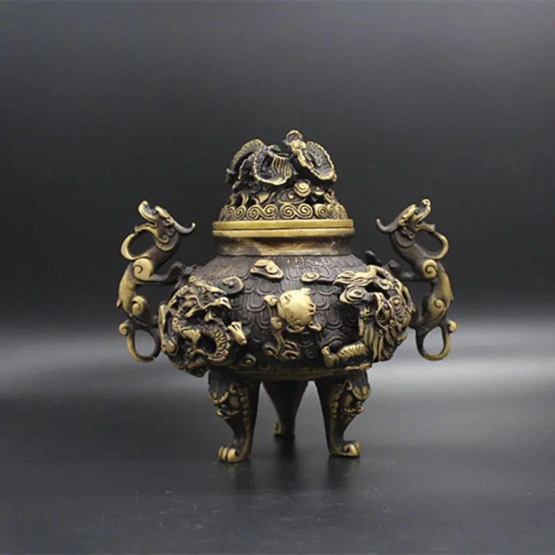 Antique Style Hollow Out Nine Dragons Bronze Incense Burner Retro Censer Ornament Home Decor Craft Artwork