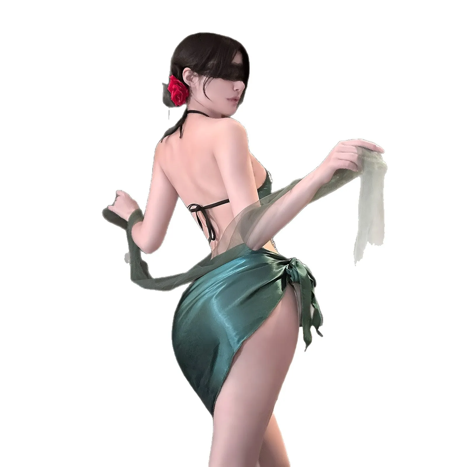 

Сексуальное женское белье: комплект из кружевного боди-комбинезона, прозрачного сетчатого белья с открытой промежностью и поясом для чулок