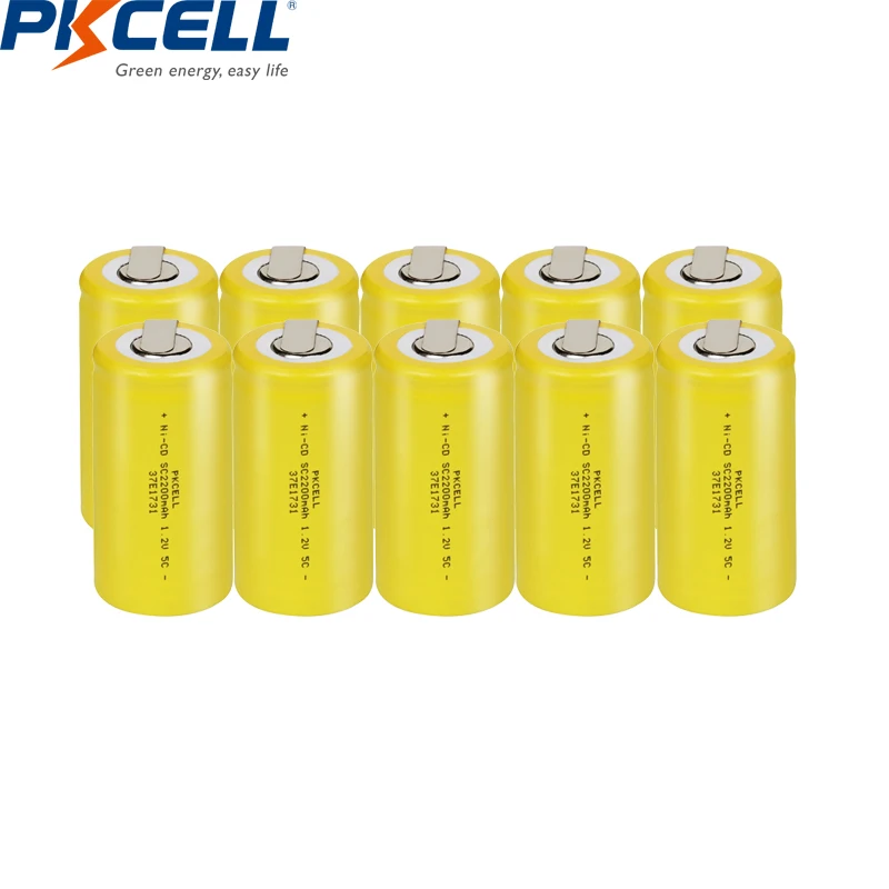 10PC PKCELL 1.2V NI-CD SC Batteries  SubC Rechargeable Battery 2200mAh with welding tabs for electric drill tools