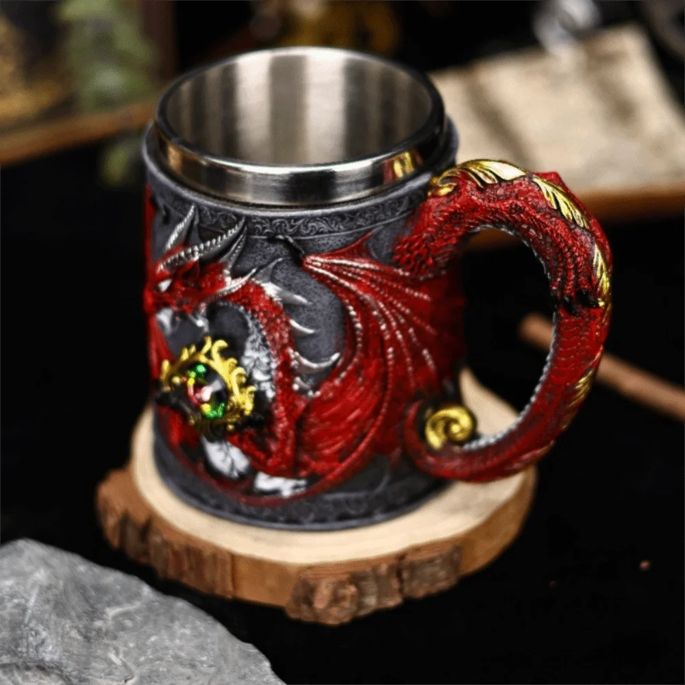 304 Stainless Steel Inner Gothic Flying Dragon Beer Stein Insulated Vintage Coffee Mug 3D Embossed Mythical Dragon Beer Cup Boy