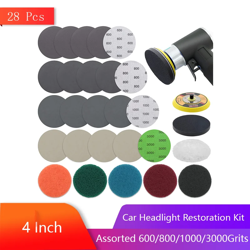 

28 Pcs Car Headlight Restoration Kit 4 Inch Polishing Sanding Discs with Scouring Pads Soft Interface Pad Backing Pad