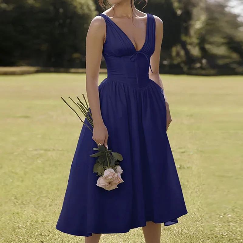 VEITCHE Summer Women Dress Sexy Deep V Neck Party Flowers Print Sleeveless Slim Midi Tank Dresses Beach Vacation Vestidos