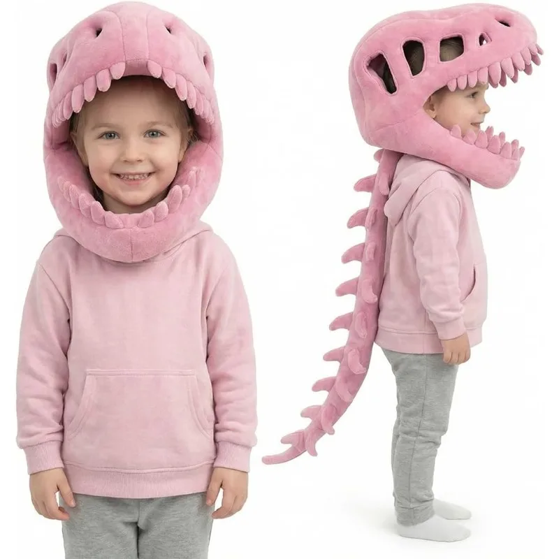 Pink Dinosaur Skeleton Costume Plush Dinosaur Head with Spine Cozy Wearable Dino Outfit for Halloween Cosplay Dress-Up