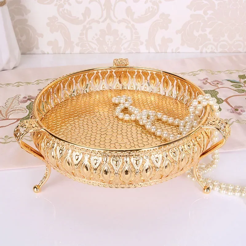 

Creative Vintage Gold Fruit Tray Golden Round Square Fruit Plate Multi-Function Metal Snack Home Storage Plate Tablewear