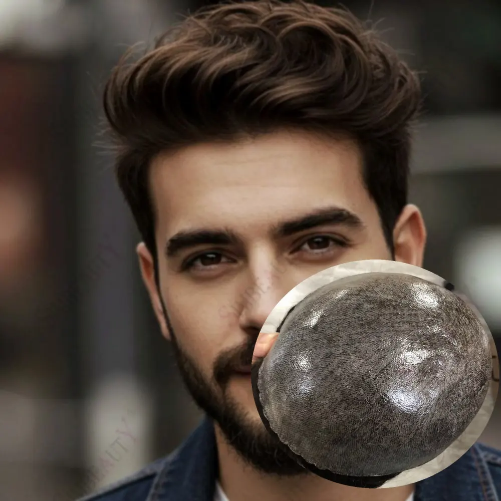 

Brown Black Durable Strong 0.1mm PU Base Man Human Hair Capillary Prosthesis System Men Toupee Natural Hairline 1b80Grey Hair