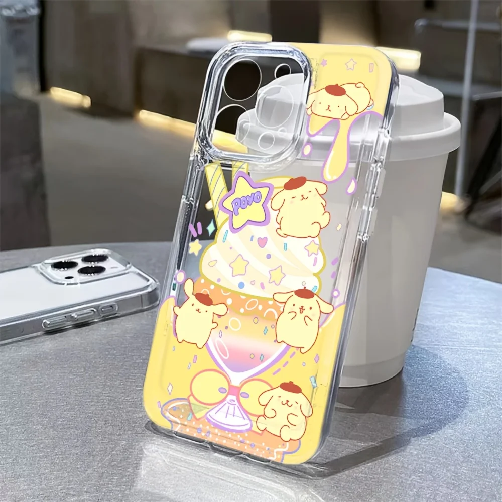 

Cute Cartoon PomPomPurin Transparent Phone Case For iPhone 16 15 14 13 12 11 Pro Max 16E XR X XS SE 7 8 Plus 16Pro Cover Fundas