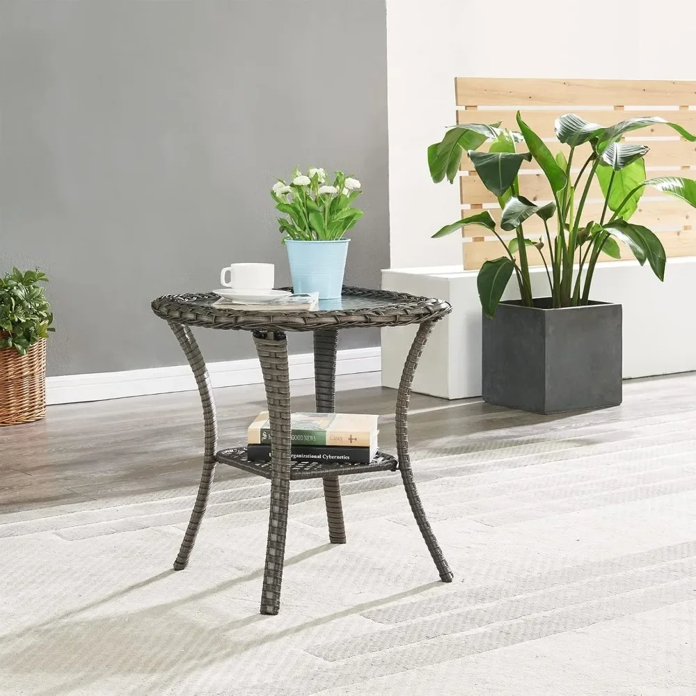 Patio Tables: Wicker Side Table - Stylish Rattan End Table with Glass Top for Outdoor Spaces - Square Mixed-Grey Design