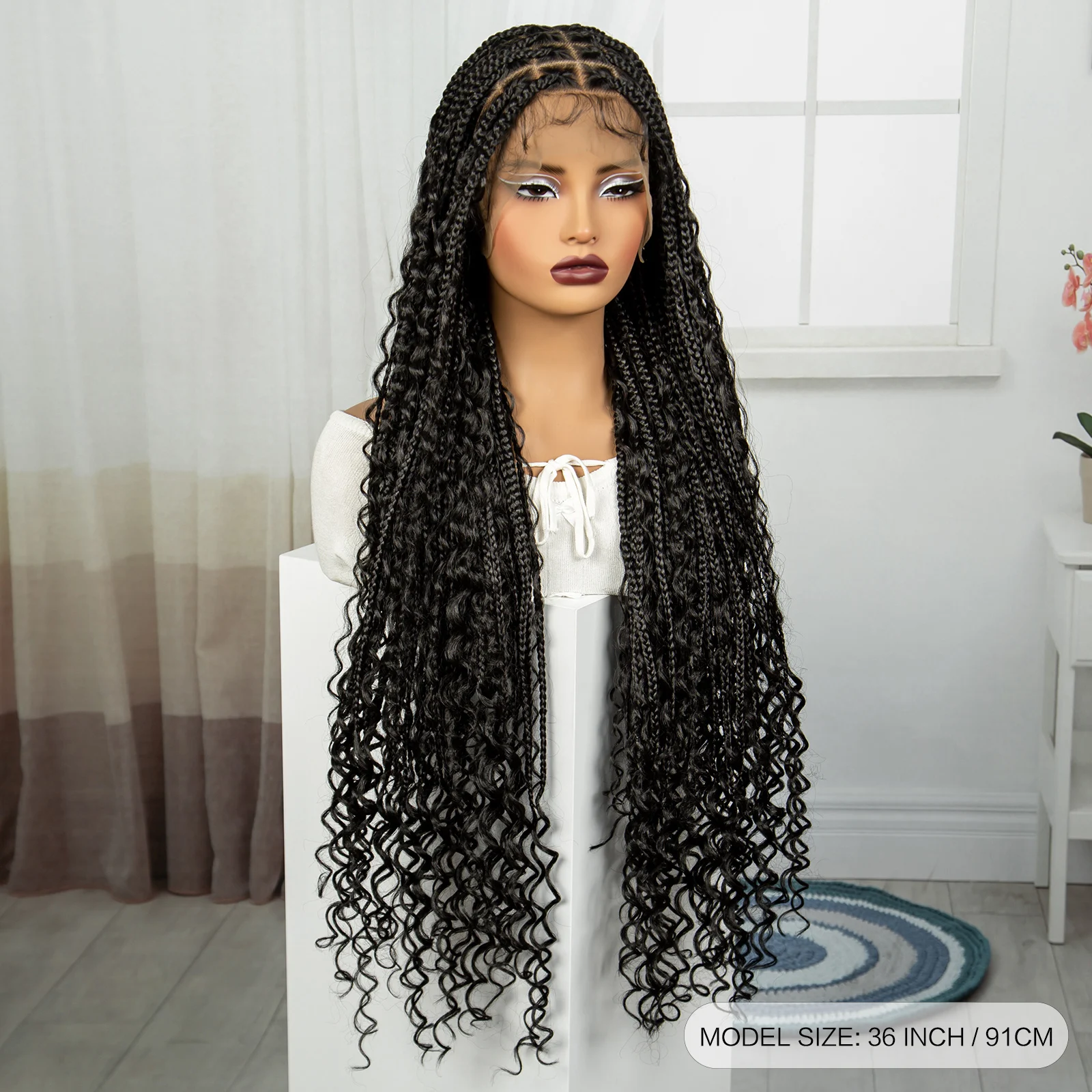 36 Inch Long Boho Braided Wigs with Baby Hair Synthetic Full Lace Knotless Box Braiding Hair Wig with Curly Ends for Black Women