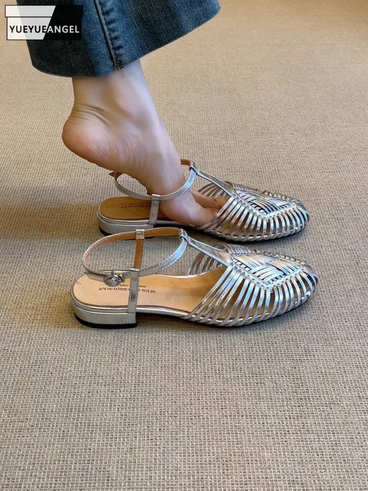 

Летние женские сандалии из овчины с пряжкой в стиле ретро, сандалии из натуральной кожи, плетеные туфли на плоской подошве с закрытым носком, повседневные сандалии с дышащим ремешком