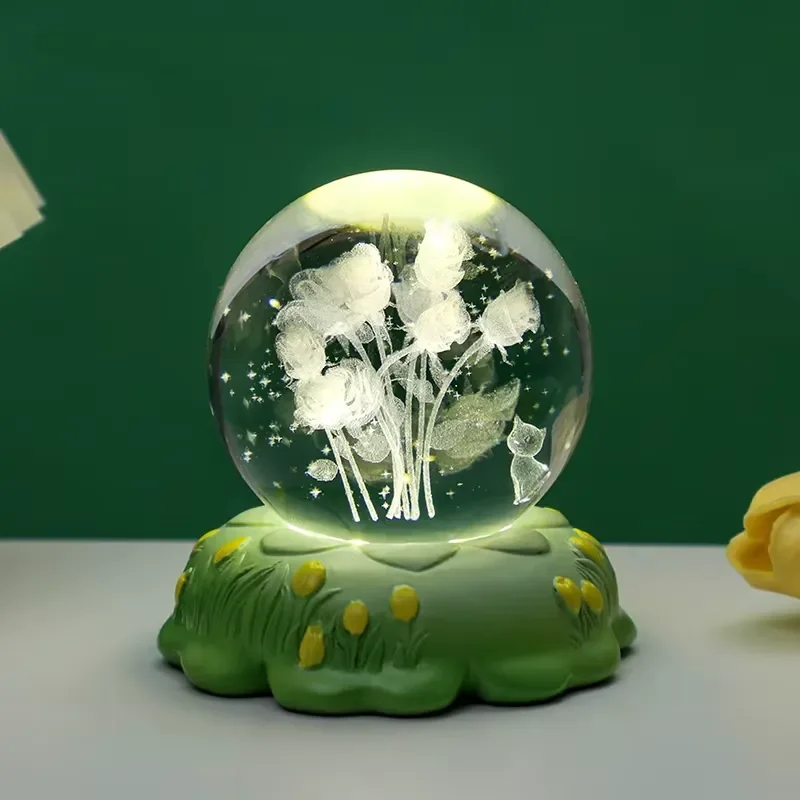 3D Engraved Flower Crystal Ball Night Light LED USB Plug-in Glass Green Moss Base Desk Lamp Custom Wholesale Carnation Lily