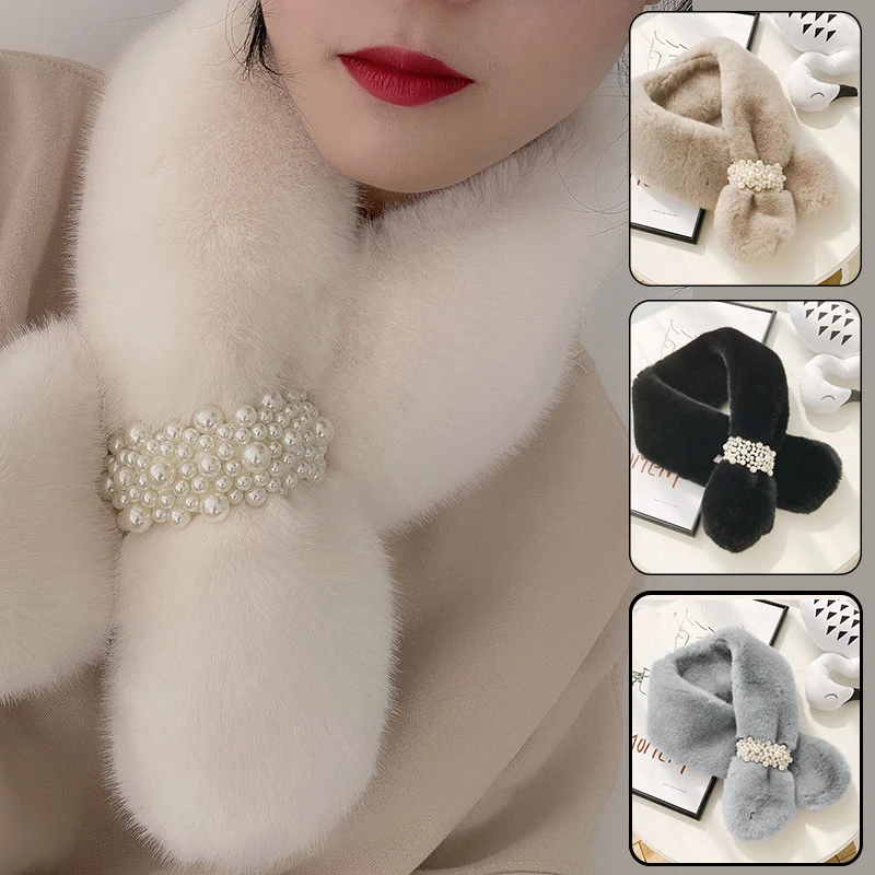 

Winter Soft Plush Pearl Buckle Women Cross Scarf Warm Neck Warmer Elegant Faux Rabbit Fur Collar Ladies Snood Scarf