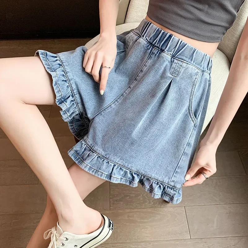 Y2K Summer Women Vintage Blue Korean Denim Shorts High Waist Knee Length Wide Leg Baggy Pockets Short Pants Harajuku Clothes