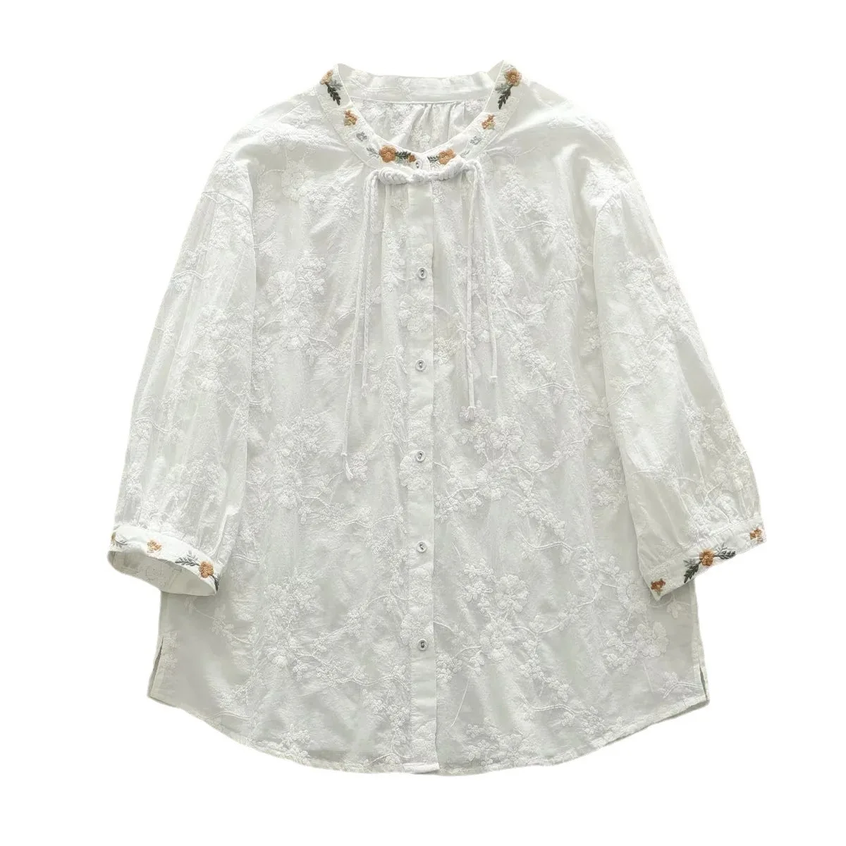 New Summer Cotton 3/4 Sleeve Shirts Stand Embroidery Tops Mori Girl Casual Loose Retro Commute OL Blouse 2024 Autumn T46843QC