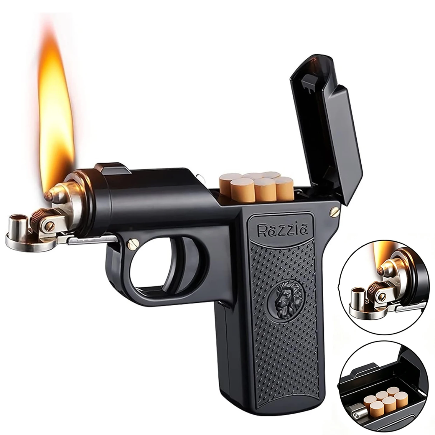 Zigarettenetui Multifunktionales Retro-Chic Design Feuerzeug, Pistolenförmig, Fasst 6 Zigaretten, Tragbar für Camping Wandern Picknick Grillen, Einzigartiges Geschenk für Männer