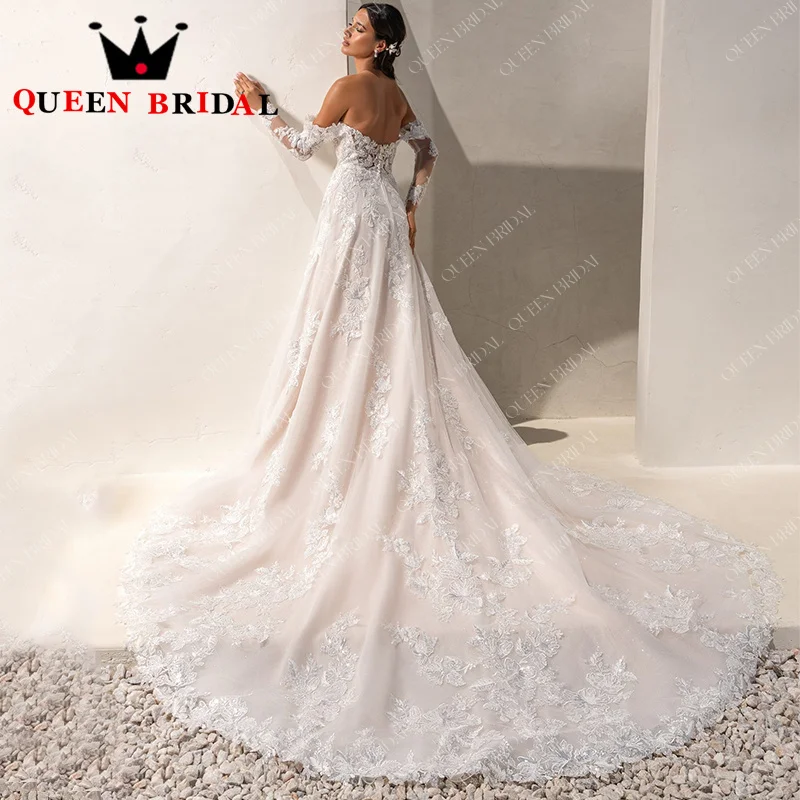 Off Shoulder Appliques Lace Wedding Dresses 2024 Long Sleeve Sequined Backless Bridal Gowns Robe De Mariée Custom Y32X