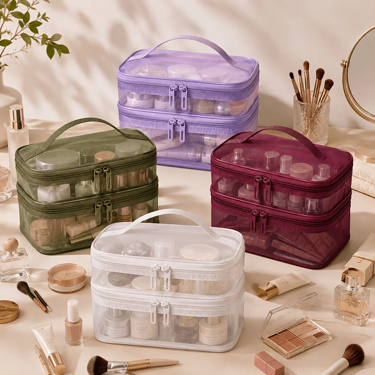 Double Layer Transparent Portable Cosmetic Bag Large Capacity Multi Compartment Toiletry Organizer Travel Business Outdoor Wash