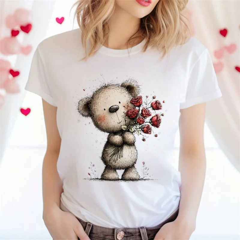 نمط وردة حمراء لطيف الدب المطبوعة الكرتون المرأة تي شيرت كامل جولة الرقبة الملابس عيد الحب نمط العادية الأساسية تي شيرت #1