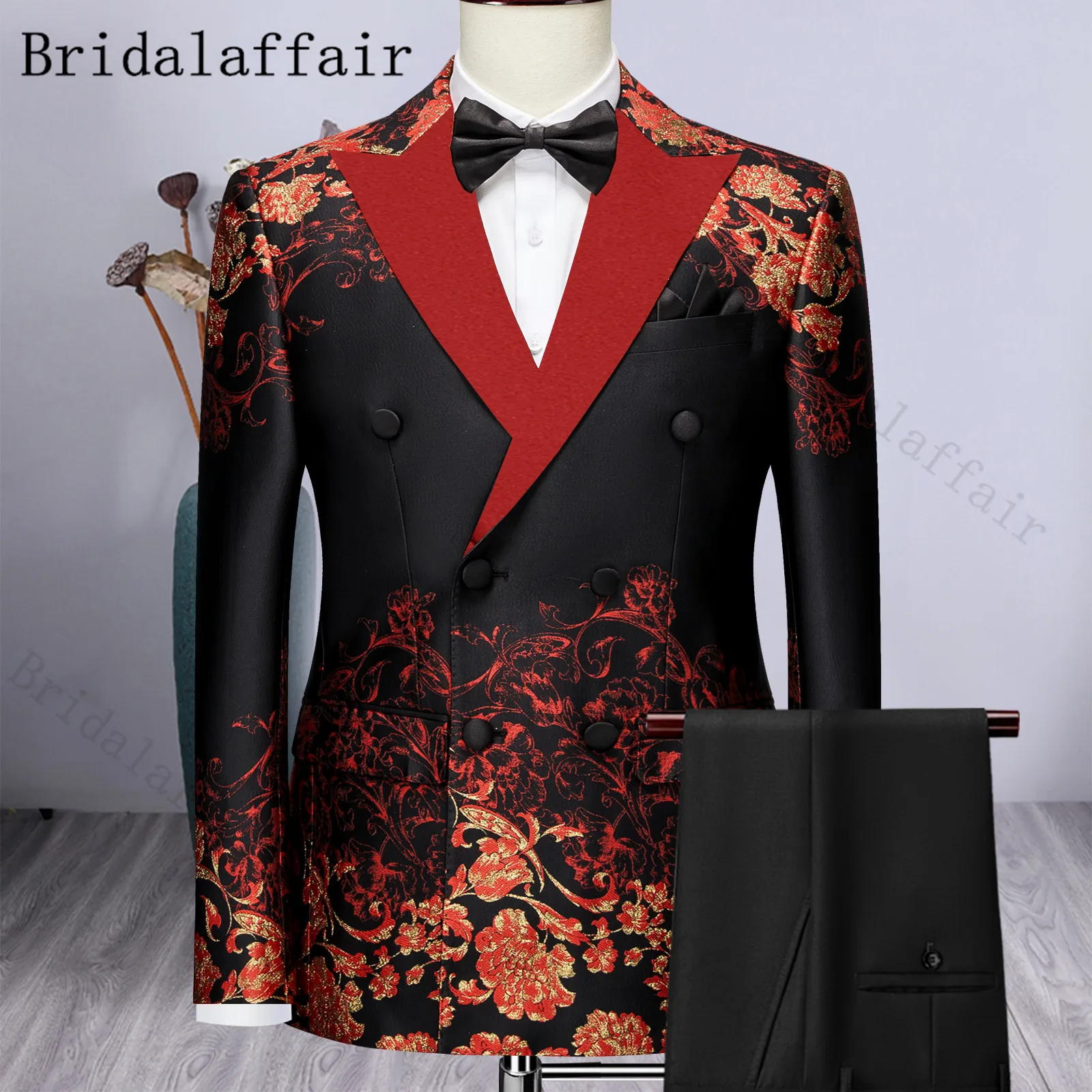 

Bridalaffair Men's Fashion Suits with Red Peak Lapel Elegant Wedding Stage Tuxedo for Men 3 piece Tailored Blazer Vest Pants Set