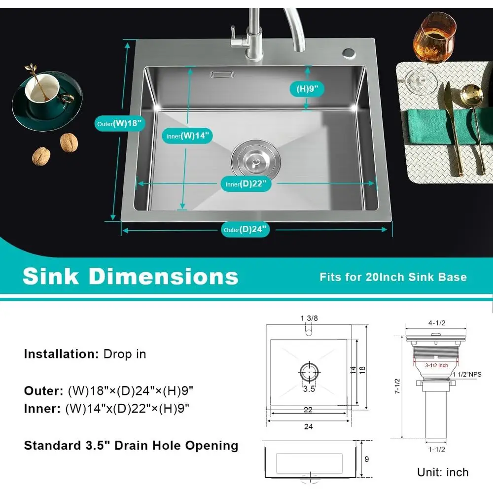 حوض مطبخ مقاس 24 بوصة، وعاء فردي من الفولاذ المقاوم للصدأ مقاس 18 بوصة، حوض محطة عمل بفتحة واحدة، D24 بوصة × W18 بوصة × H9 بوصة