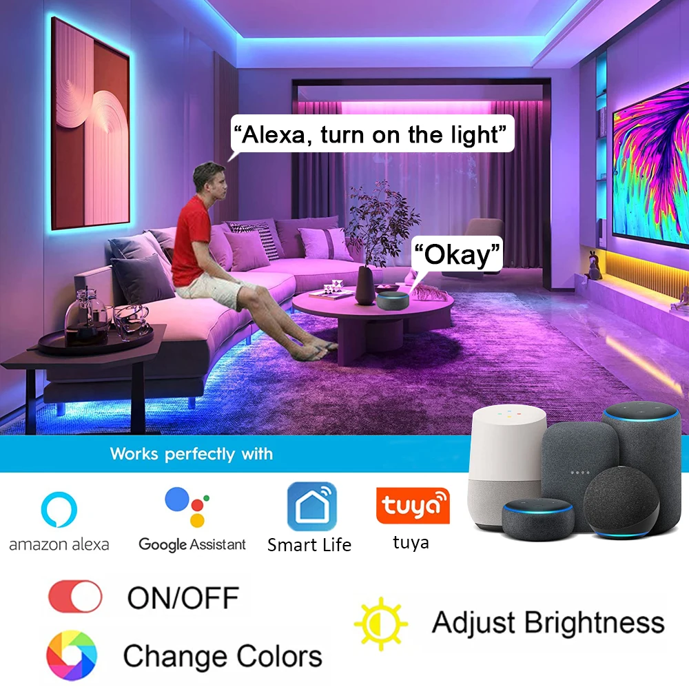 Wifi Led diody na wstążce taśma Led 5050 RGB, inteligentne oświetlenie Led z aplikacją Tuya, współpracuj z Alexa Google Home