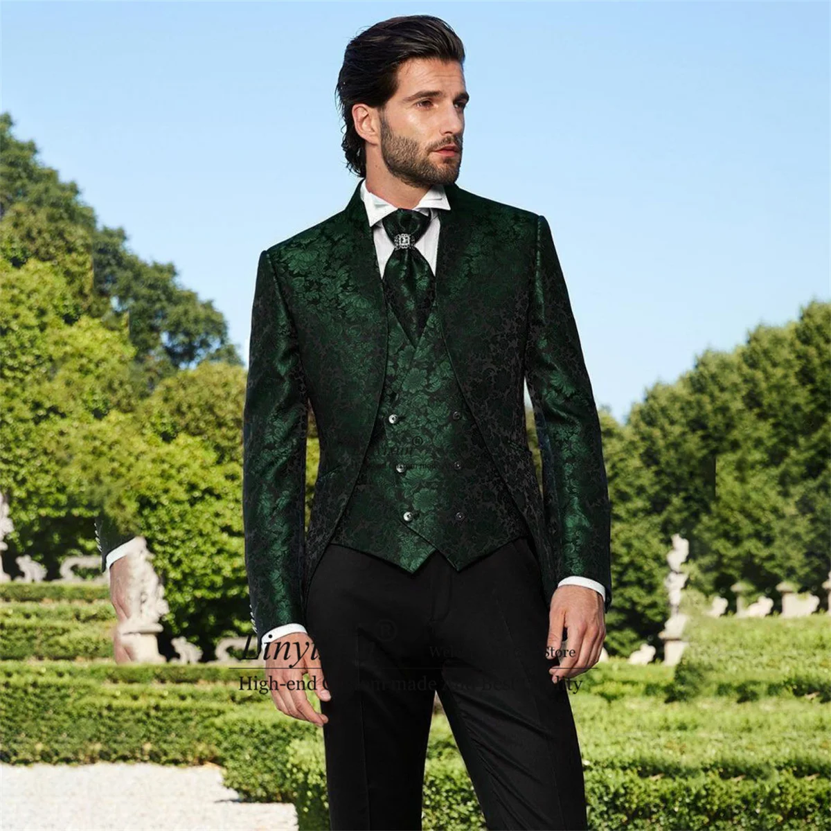 

Fashion Jacquard Wedding Suits For Men Stand Lapel Groom Tuxedo 3 Pieces Set Male Prom Blazer Slim Fit Groomsmen Coustome Homme