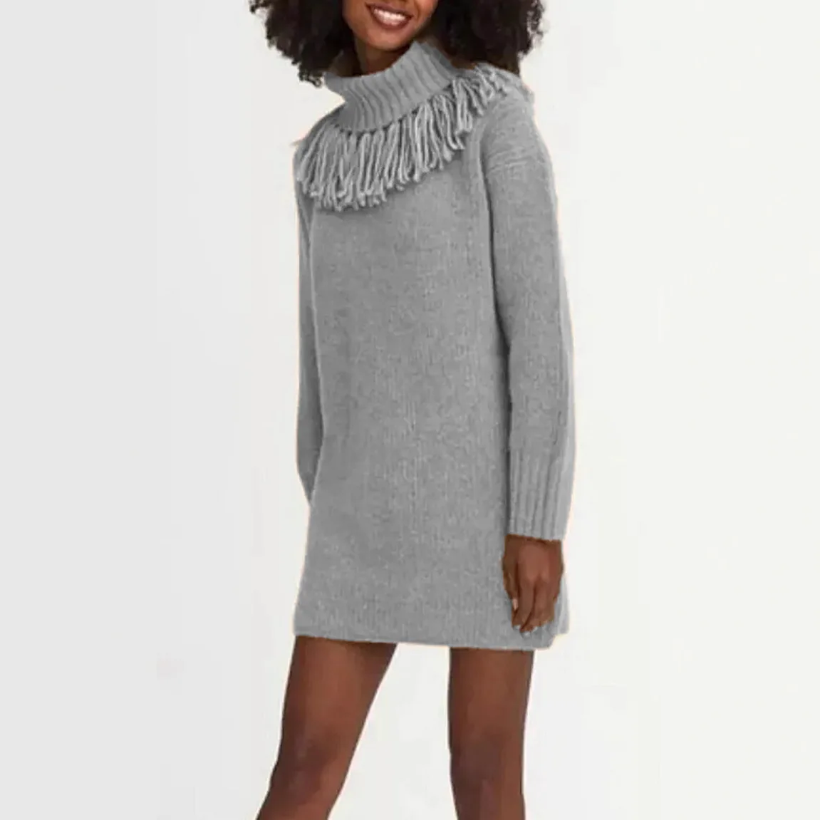 Autumn Winter Knitted Loose Long Sleeve High Collar Tassel Sweater Women's Open Cardigan Fashion Outerwear Dress