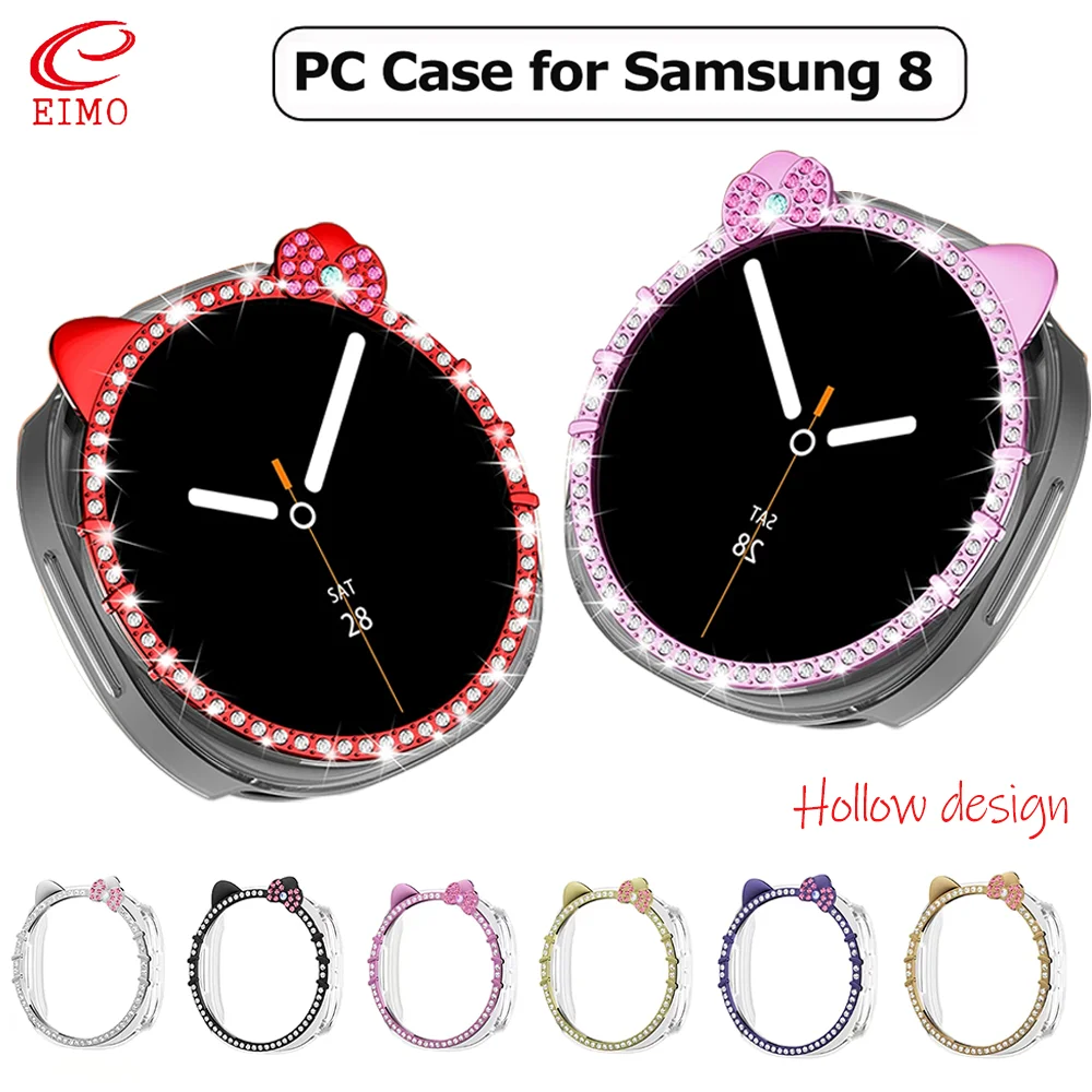 PC Case for Samsung Galaxy Watch 8 40mm 44mm Cute KITTY CAT Diamond Protector Hollow Accessories for woman Samsung watch8 Cover