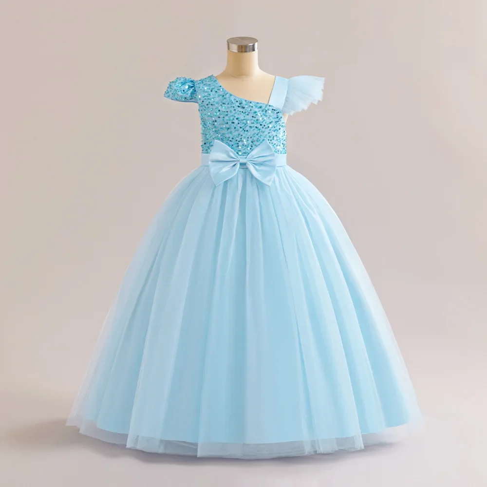 Puffy Girls Party Dresses Elegant Kids Wedding Gala Prom Gown Sequined Bow Children Birthday Princess Dress For Girl Clothes