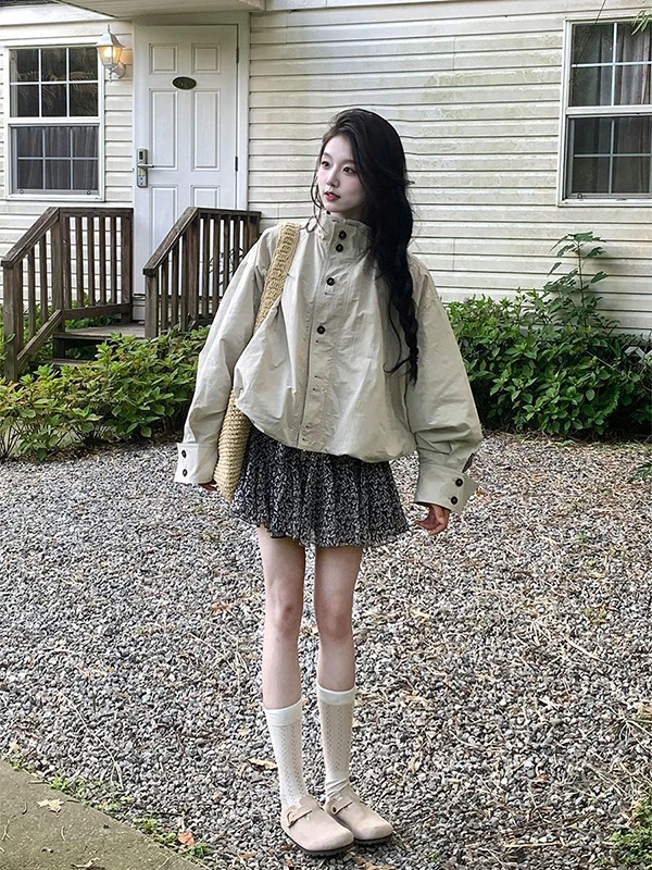 Talla grande 300 Pou American Retro Stand Collar Ropa de trabajo Jaet Mujeres Casual Versátil Suelto Ajuste Jaet Top Commute Sle Po...