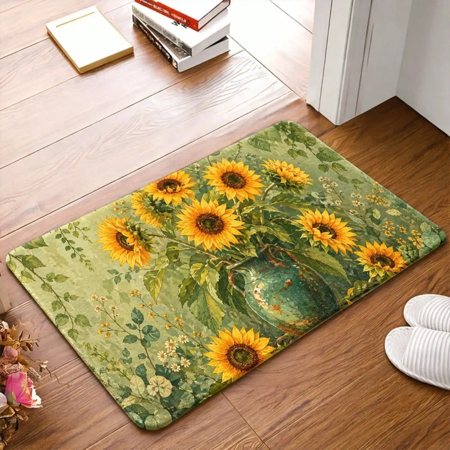 1pc, Sunflower Vintage Vase Plant Pattern Doormats, Durable Machine Washable Entrance Rug, Bath Mat, For Living Room, Bedroom, Kitchen, Bathroom, Hallway