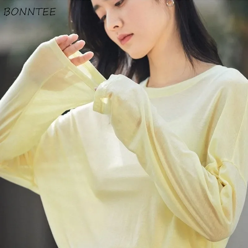 Solid T-shirts Women Spring Summer O-neck Long Sleeve Sun Protection Minimalist Thin Slim Loose All-match Simple Lazy Style Cozy