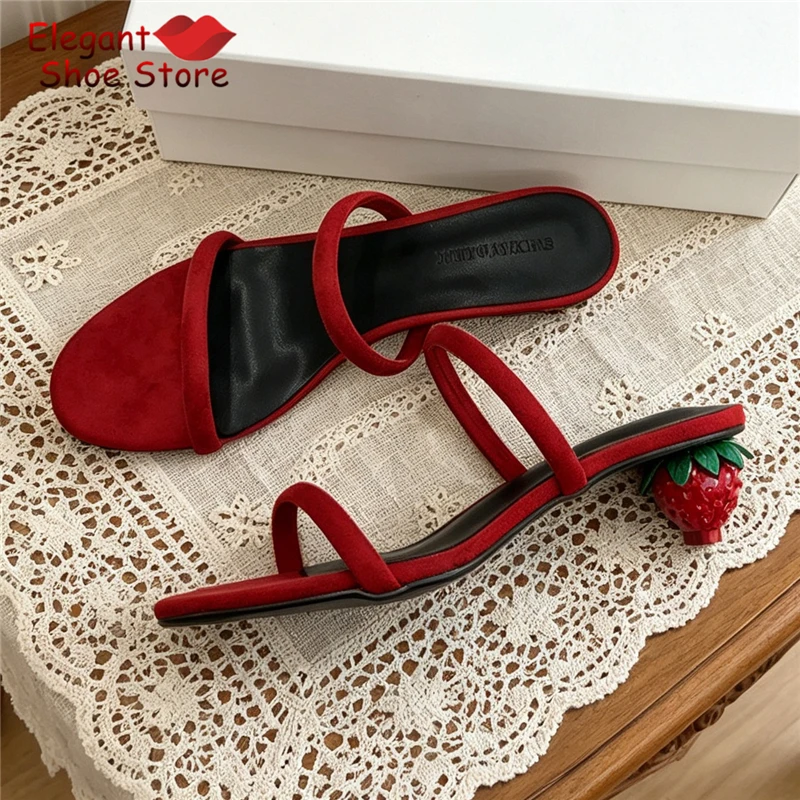 

Cute Strawberry Heel Slippers for Women Black Red Suede Strap Round Toe Sandals Summer New Fashion Sweet Girl Party Dress Shoes