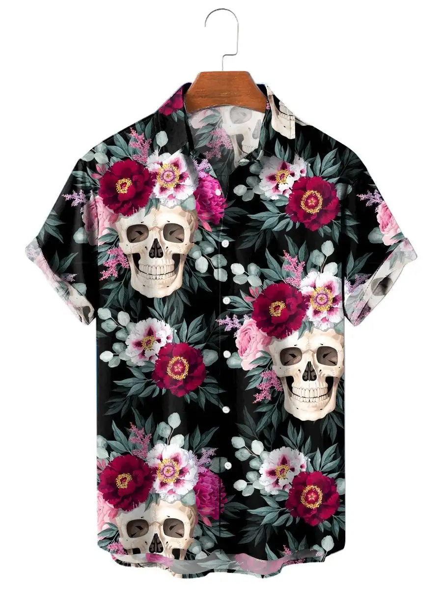 Camisa havaiana de manga curta masculina, Unissex Fashion, Caveira, Floral, 3D Print, Lapela, Streetwear, Engraçado