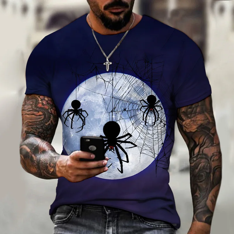 Fashion T-shirt Animal Print T-shirt Men's Best Quality Spider Web Pattern Clothes Street Retro Loose Oversized Top Tees 2023